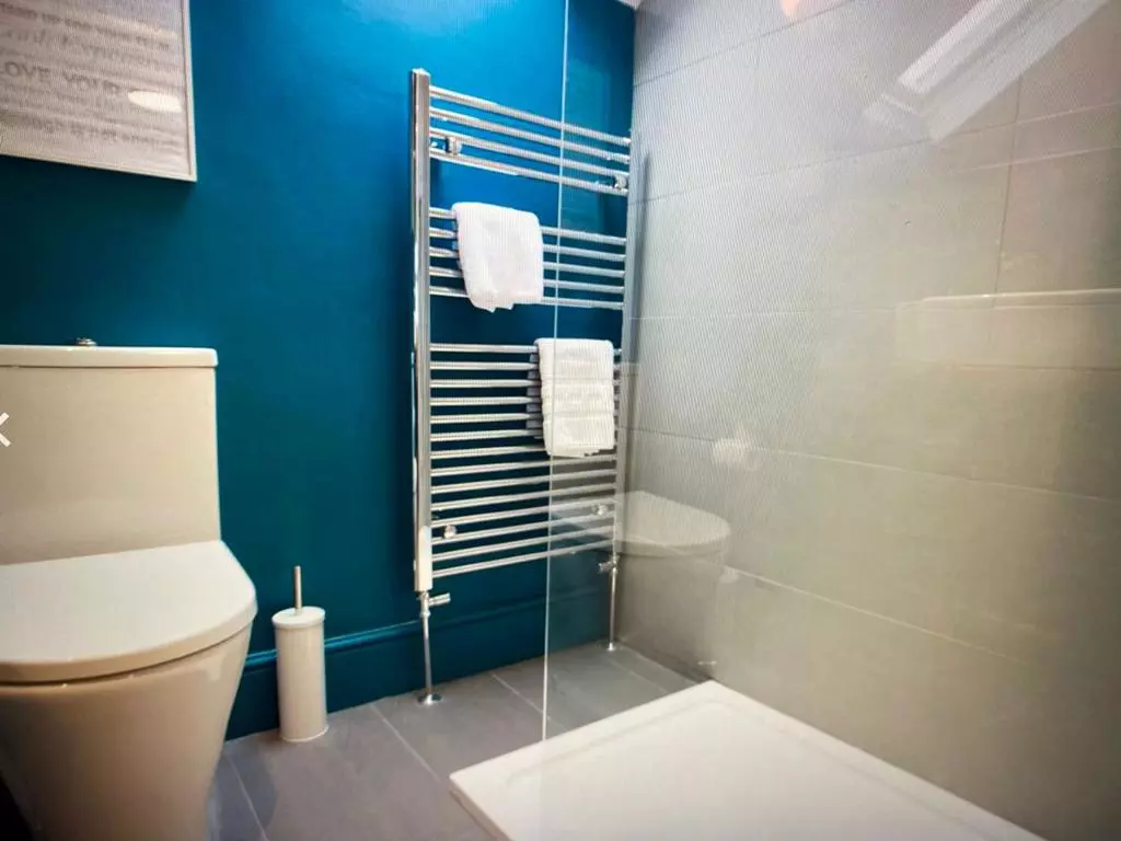 Modern bathroom with shower and heated towel rail